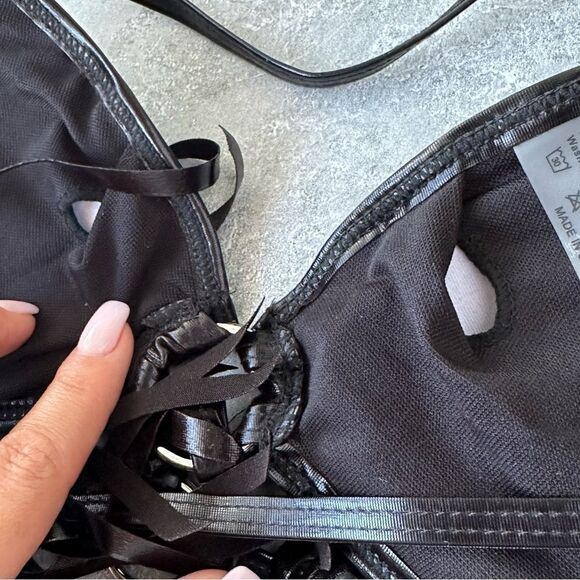 3 pc.  EDM Dance Faux Leather Neon Black Fringe Skirt bikini Top Sleeve Sz S Set - Picture 8 of 9